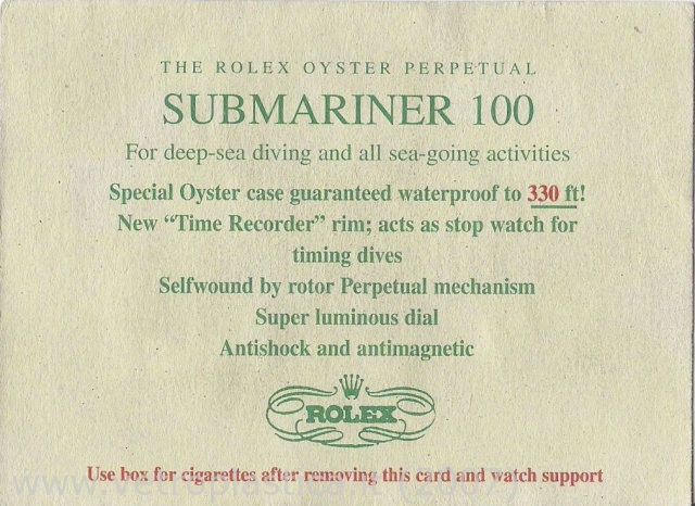 Brochure card Rolex Submariner 100m-330ft
