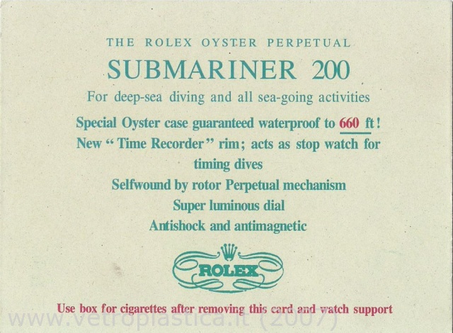 Brochure Card Rolex Submariner 200m-660ft